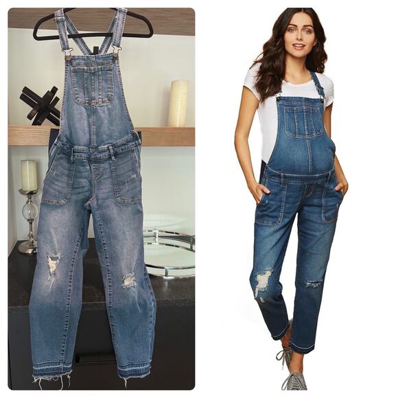 Indigo Blue Distressed Maternity Overalls - Picture 1 of 10
